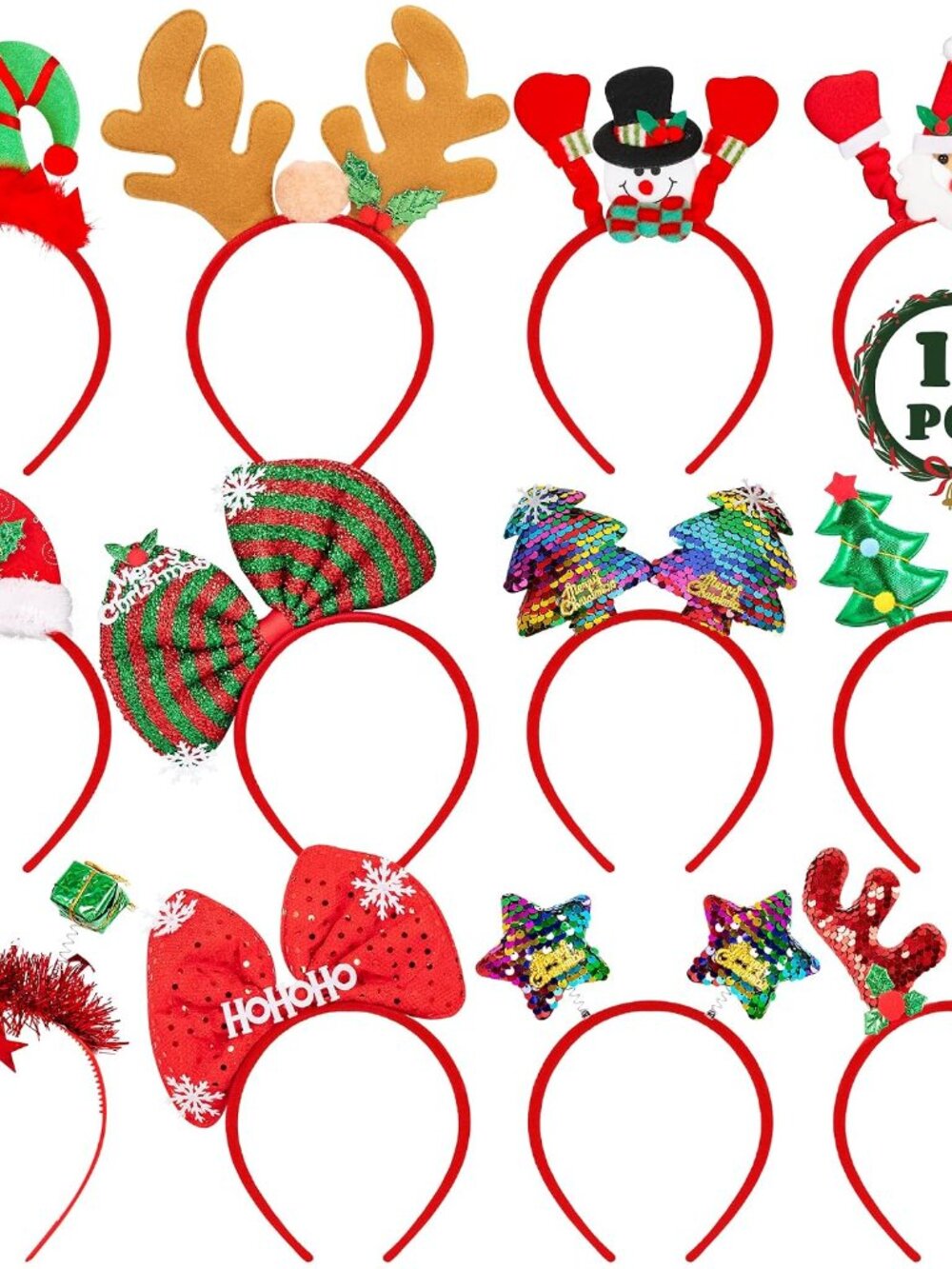 12 Pieces Christmas Headbands, Cute Xmas Head Toppers, Various Design Santa Hat